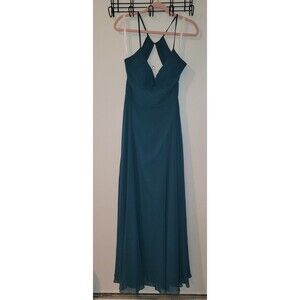 Azazie Bridesmaid Dress A10 US 8 Teal Blue Chiffon Gown Formal Wedding Evening
